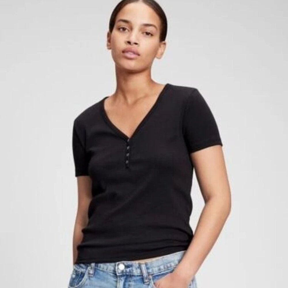 NWT GAP Black Ribbed Henley Tee Soft Knit